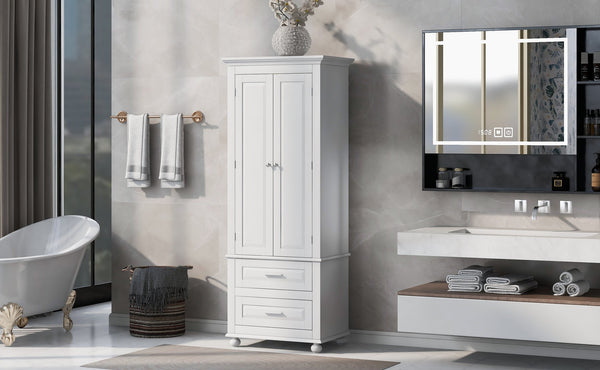 English Elm Tall Slim Storage Cabinet with Adjustable Shelves, 2 Drawers & Doors, Anti-Tip Design for Bathroom White WF299284AAK
