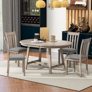 English Elm Trexm Extendable Round Dining Set Rubberwood Legs Upholstered Chairs Modern Farmhouse Natural Wood Wash ST000038AAD
