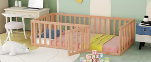 English Elm Twin Floor Bed Frame Pinewood Fence Enclosure with Door for Kids Bedroom Walnut Natural WF299299AAM