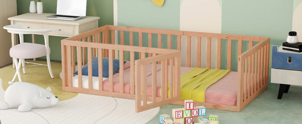 English Elm Twin Floor Bed Frame Pinewood Fence Enclosure with Door for Kids Bedroom Walnut Natural WF299299AAM