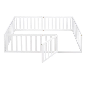 English Elm Full Size Pine Wood Floor Bed with Safety Fence Door Montessori Kids Bedroom Frame WF299302AAK