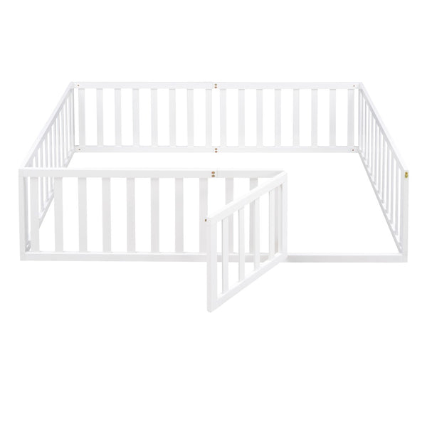 English Elm Full Size Pine Wood Floor Bed with Safety Fence Door Montessori Kids Bedroom Frame WF299302AAK