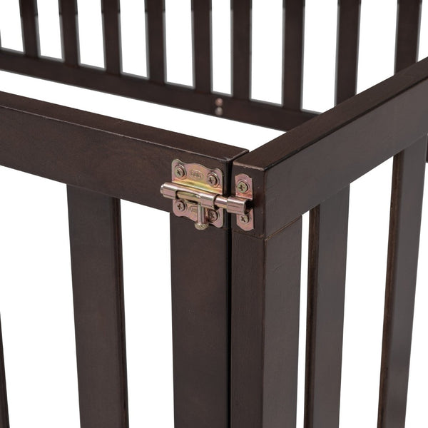 English Elm Full Size Pine Wood Floor Bed with Safety Fence Door Montessori Kids Bedroom Frame Walnut WF299302AAL
