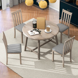 English Elm Trexm Extendable Round Dining Set Rubberwood Legs Upholstered Chairs Modern Farmhouse Natural Wood Wash ST000038AAD