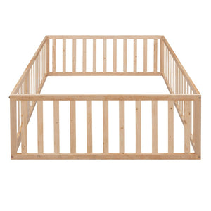 English Elm Full Size Pine Wood Floor Bed with Safety Fence Door Montessori Kids Bedroom Frame Natural WF299302AAM