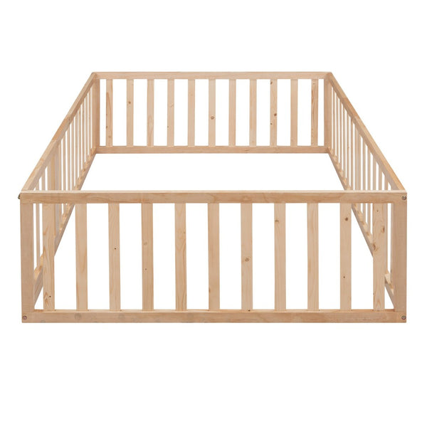 English Elm Full Size Pine Wood Floor Bed with Safety Fence Door Montessori Kids Bedroom Frame Natural WF299302AAM