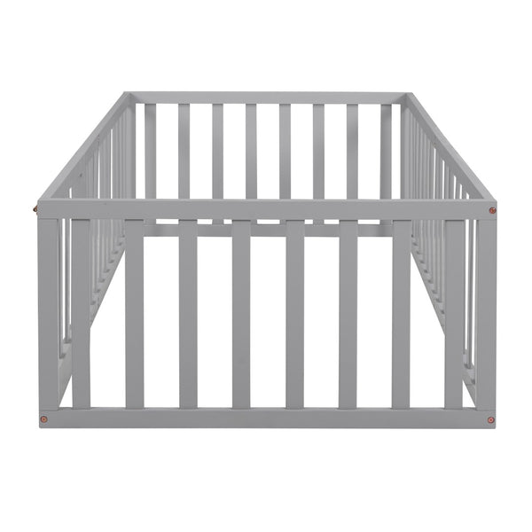 English Elm Twin Floor Bed Frame Pinewood Fence Enclosure with Door for Kids Bedroom Walnut Gray WF299299AAE