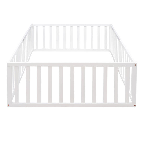 English Elm Full Size Pine Wood Floor Bed with Safety Fence Door Montessori Kids Bedroom Frame WF299302AAK