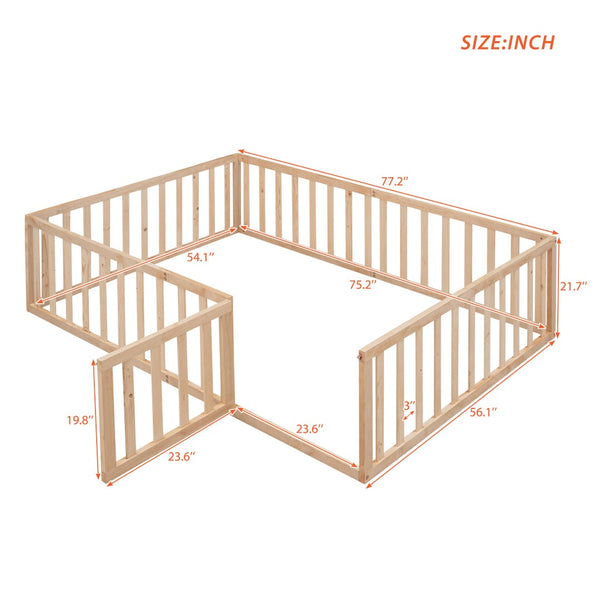 English Elm Full Size Pine Wood Floor Bed with Safety Fence Door Montessori Kids Bedroom Frame Natural WF299302AAM