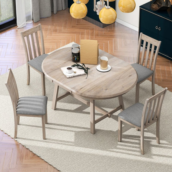 English Elm Trexm Extendable Round Dining Set Rubberwood Legs Upholstered Chairs Modern Farmhouse Natural Wood Wash ST000038AAD