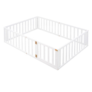 English Elm Full Size Pine Wood Floor Bed with Safety Fence Door Montessori Kids Bedroom Frame WF299302AAK