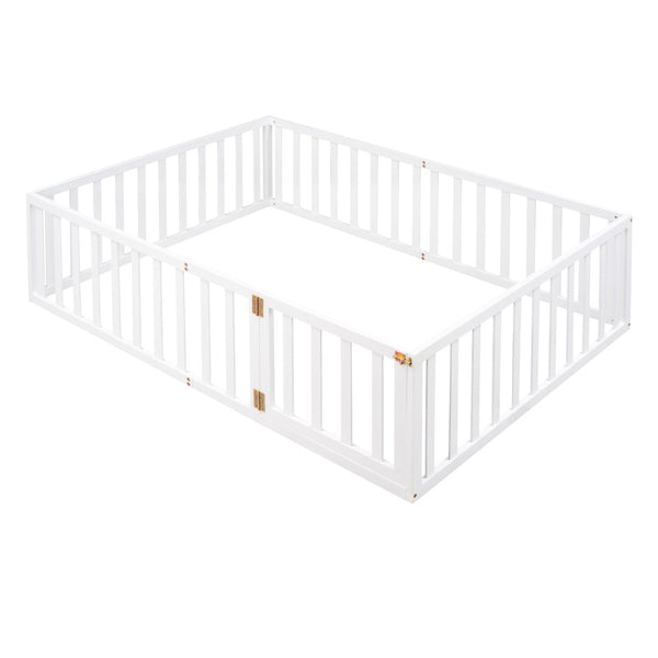 English Elm Full Size Pine Wood Floor Bed with Safety Fence Door Montessori Kids Bedroom Frame WF299302AAK