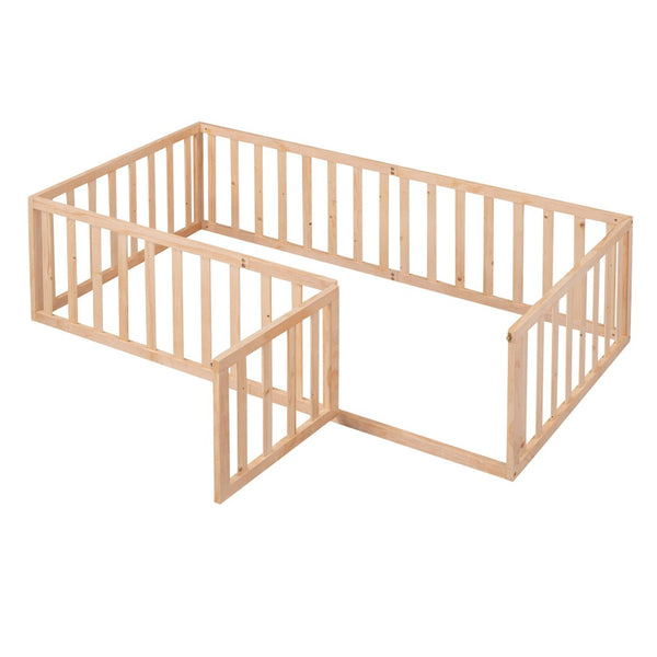 English Elm Twin Floor Bed Frame Pinewood Fence Enclosure with Door for Kids Bedroom Walnut Natural WF299299AAM