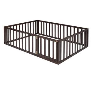 English Elm Full Size Pine Wood Floor Bed with Safety Fence Door Montessori Kids Bedroom Frame Walnut WF299302AAL