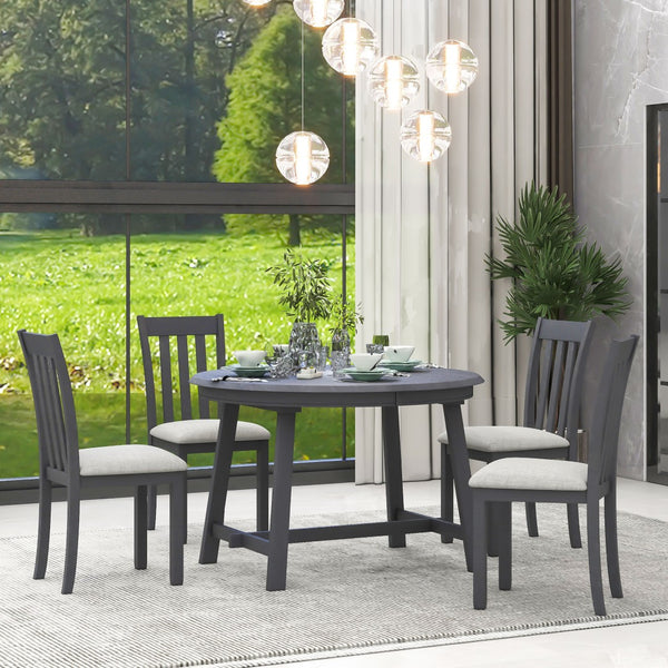 English Elm Trexm Extendable Round Dining Set Rubberwood Legs Upholstered Chairs Modern Farmhouse Gray ST000038AAE