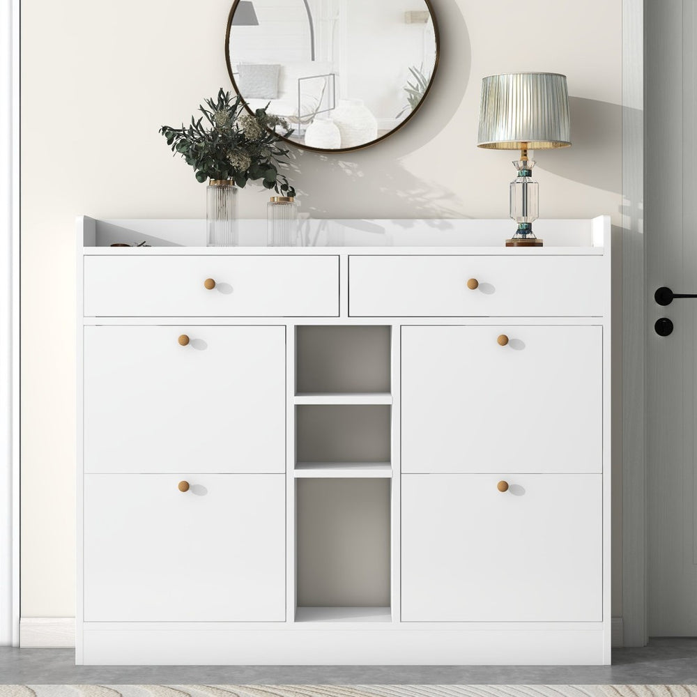English Elm White Flip Down Shoe Cabinet Slim Entryway Organizer Holds 19 Pairs WF300851AAK