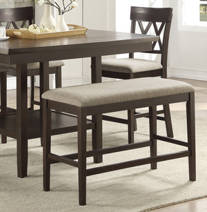 English Elm Dark Brown Finish Counter Height Bench with Brown Linen Fabric Seat, 39" Counter Bench for Casual Dining B01190042