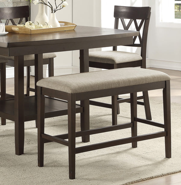 English Elm Dark Brown Finish Counter Height Bench with Brown Linen Fabric Seat, 39" Counter Bench for Casual Dining B01190042