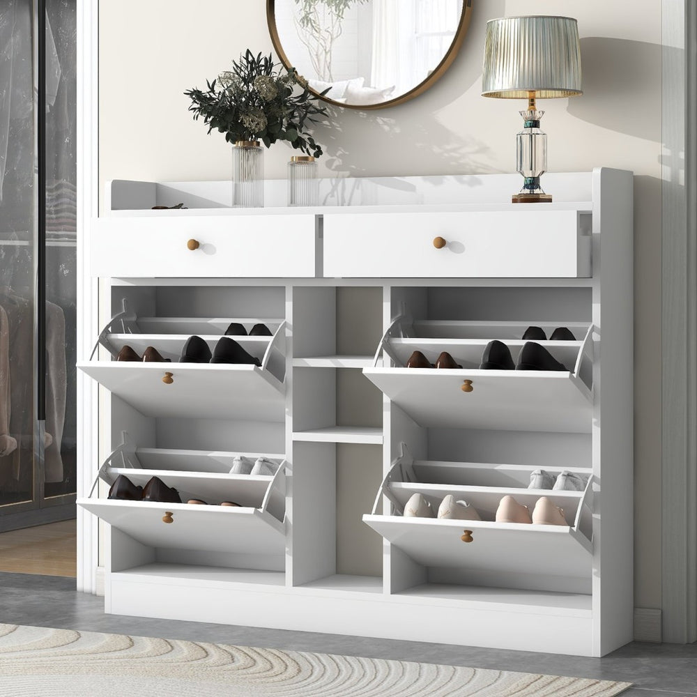 English Elm White Flip Down Shoe Cabinet Slim Entryway Organizer Holds 19 Pairs WF300851AAK