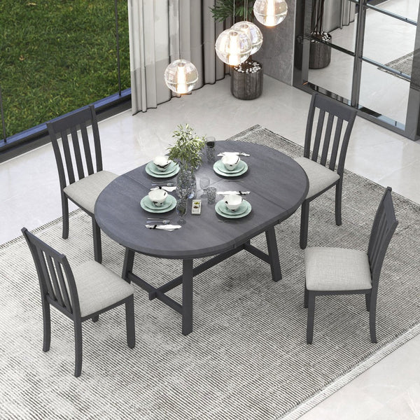 English Elm Trexm Extendable Round Dining Set Rubberwood Legs Upholstered Chairs Modern Farmhouse Gray ST000038AAE