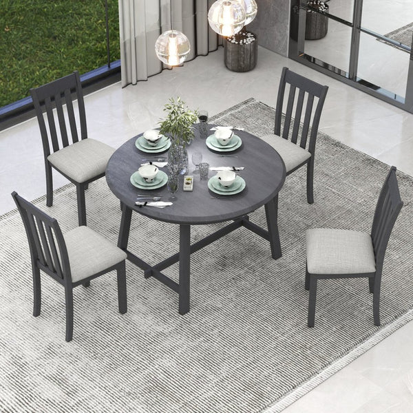 English Elm Trexm Extendable Round Dining Set Rubberwood Legs Upholstered Chairs Modern Farmhouse Gray ST000038AAE