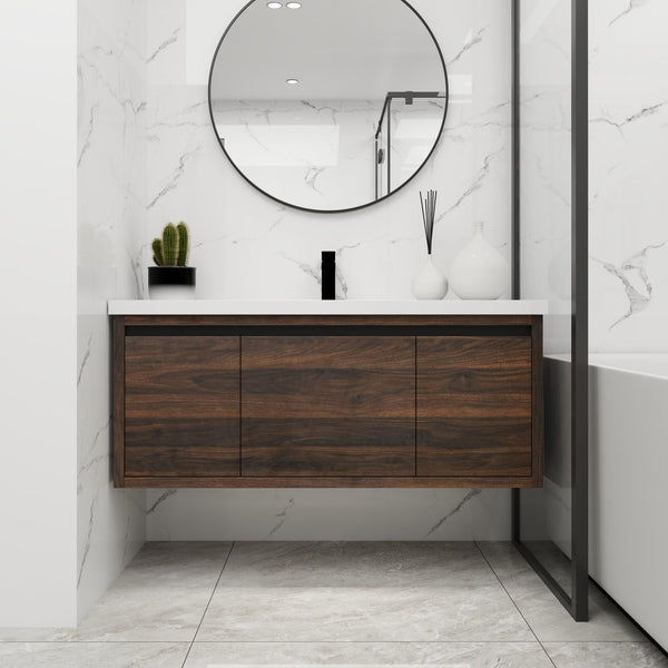 English Elm 48 48-Inch Floating Bathroom Vanity with Resin Sink, Soft-Close Doors & Drawer, Modern Wall-Mount California Walnut W99984813