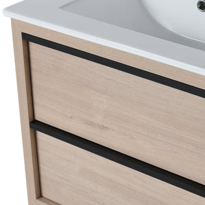 English Elm 24" Modern Bathroom Vanity With 2 Soft-Close Drawers, White Ceramic Basin & Storage Box Solution W999S00071