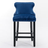 Blue Velvet Wing-Back Barstools, Button Tufted, Wooden Legs, Chrome Nailhead Trim, Leisure Style, Set of 2