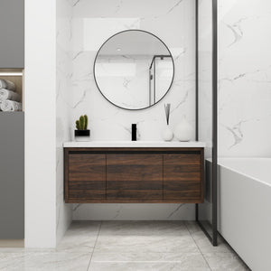 English Elm 48 48-Inch Floating Bathroom Vanity with Resin Sink, Soft-Close Doors & Drawer, Modern Wall-Mount California Walnut W99984813