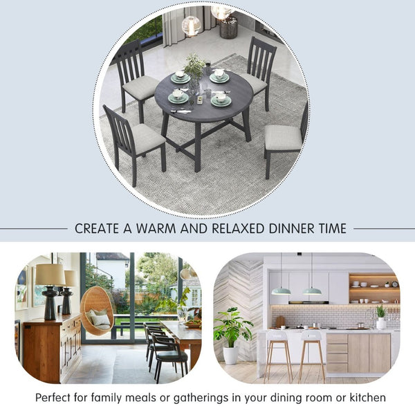 English Elm Trexm Extendable Round Dining Set Rubberwood Legs Upholstered Chairs Modern Farmhouse Gray ST000038AAE
