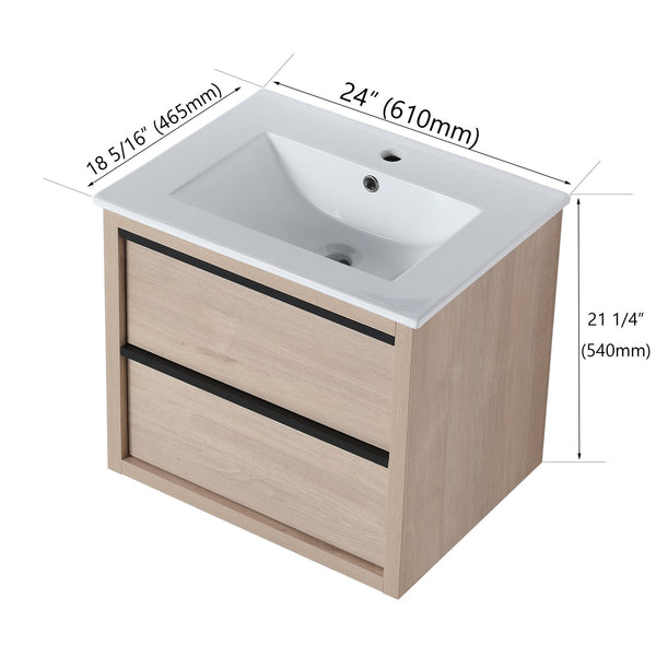English Elm 24" Modern Bathroom Vanity With 2 Soft-Close Drawers, White Ceramic Basin & Storage Box Solution W999S00071