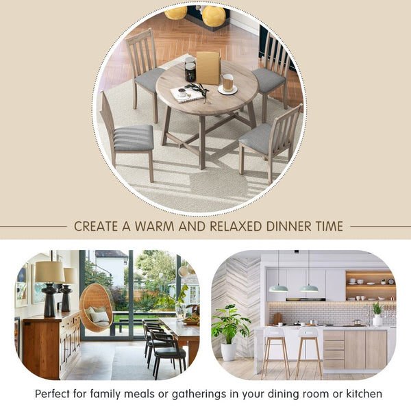 English Elm Trexm Extendable Round Dining Set Rubberwood Legs Upholstered Chairs Modern Farmhouse Natural Wood Wash ST000038AAD