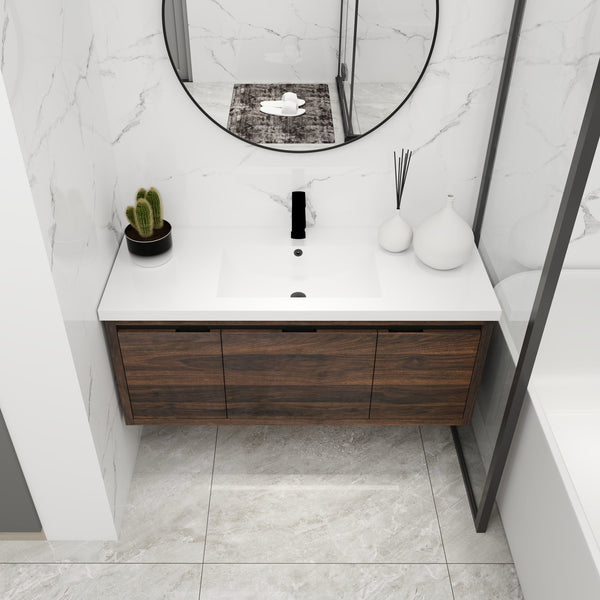 English Elm 48 48-Inch Floating Bathroom Vanity with Resin Sink, Soft-Close Doors & Drawer, Modern Wall-Mount California Walnut W99984813