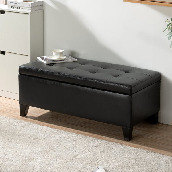 English Elm Storage Ottoman Faux Leather Lift Top Bench with Birch Legs for Bedroom or Living Room W68053161