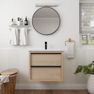 English Elm 24" Modern Bathroom Vanity With 2 Soft-Close Drawers, White Ceramic Basin & Storage Box Solution W999S00071