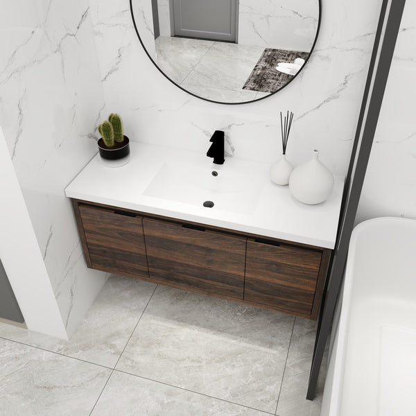 English Elm 48 48-Inch Floating Bathroom Vanity with Resin Sink, Soft-Close Doors & Drawer, Modern Wall-Mount California Walnut W99984813