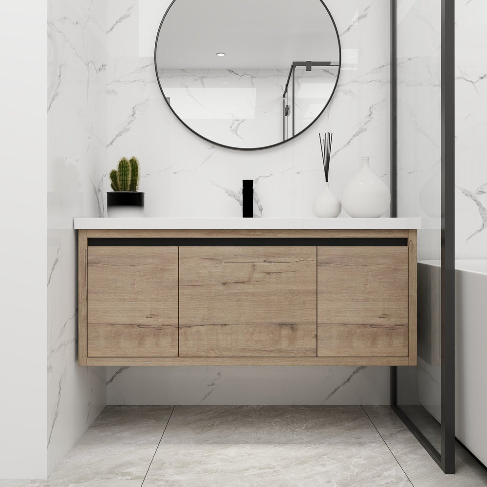 English Elm 48 48-Inch Floating Bathroom Vanity with Resin Sink, Soft-Close Doors & Drawer, Modern Wall-Mount Imitative Oak W99984814