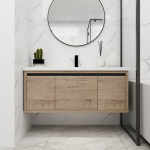 English Elm 48 48-Inch Floating Bathroom Vanity with Resin Sink, Soft-Close Doors & Drawer, Modern Wall-Mount Imitative Oak W99984814