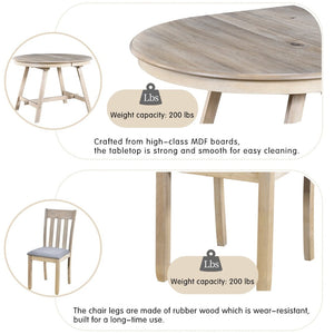 English Elm Trexm Extendable Round Dining Set Rubberwood Legs Upholstered Chairs Modern Farmhouse Natural Wood Wash ST000038AAD