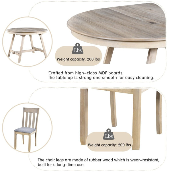 English Elm Trexm Extendable Round Dining Set Rubberwood Legs Upholstered Chairs Modern Farmhouse Natural Wood Wash ST000038AAD