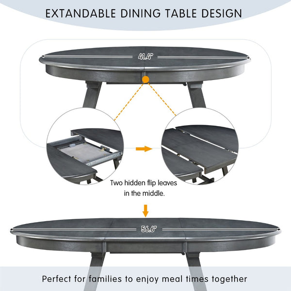 English Elm Trexm Extendable Round Dining Table Acacia Veneer Rubberwood Legs Seats up to Six Gray WF299347AAE