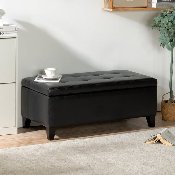 English Elm Storage Ottoman Faux Leather Lift Top Bench with Birch Legs for Bedroom or Living Room W68053161