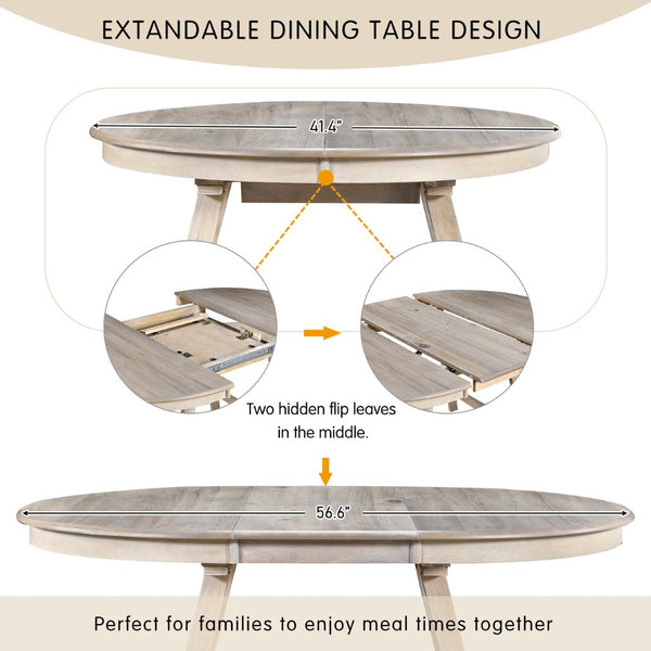 English Elm Trexm Extendable Round Dining Table Acacia Veneer Rubberwood Legs Seats up to Six Natural Wood Wash WF299347AAD