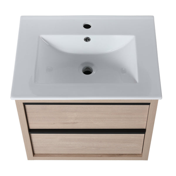 English Elm 24" Modern Bathroom Vanity With 2 Soft-Close Drawers, White Ceramic Basin & Storage Box Solution W999S00071