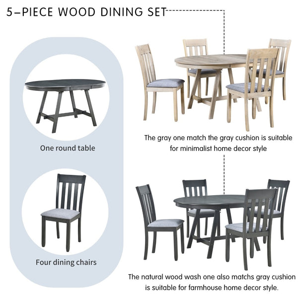 English Elm Trexm Extendable Round Dining Set Rubberwood Legs Upholstered Chairs Modern Farmhouse Gray ST000038AAE