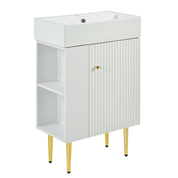 English Elm 21.6" White Left-Side Storage Bathroom Vanity with Ceramic Sink, Gold Legs, Soft-Close Door, Modern Design SV000007AAE