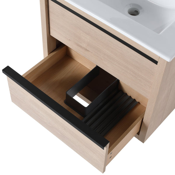 English Elm 24" Modern Bathroom Vanity With 2 Soft-Close Drawers, White Ceramic Basin & Storage Box Solution W999S00071
