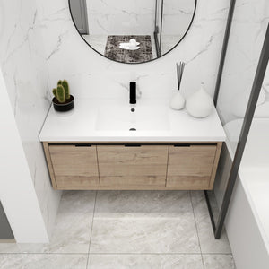 English Elm 48 48-Inch Floating Bathroom Vanity with Resin Sink, Soft-Close Doors & Drawer, Modern Wall-Mount Imitative Oak W99984814