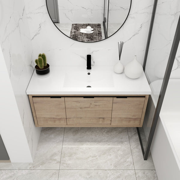 English Elm 48 48-Inch Floating Bathroom Vanity with Resin Sink, Soft-Close Doors & Drawer, Modern Wall-Mount Imitative Oak W99984814