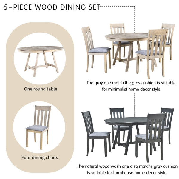 English Elm Trexm Extendable Round Dining Set Rubberwood Legs Upholstered Chairs Modern Farmhouse Natural Wood Wash ST000038AAD